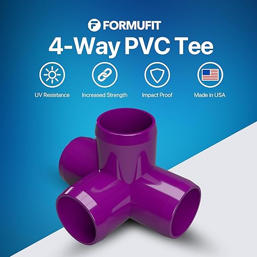 FORMUFIT 3/4” 4-Way Tee Furniture Grade PVC Fitting in Purple, Made in USA, UV-Resistant, Impact-Proof, 1.050” Actual Socket Diameter (Pack of 8) - F0344WT-PU-8