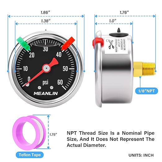 MEANLIN MEASURE 0~60Psi Black Stainless Steel Pressure Gauge, Glycerin Filled 1/8" NPT 1.5" FACE DIAL, Liquid Filled Pressure Gauge WOG Water Oil Air Back Mount (with 2PCS Snaps)