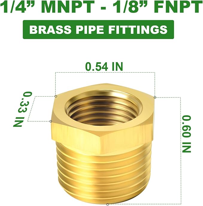 TAISHER 2PCS Brass Reducer Hex Bushing Threaded Pipe Fitting 1/4" NPT Male x 1/8" NPT Female Adapter