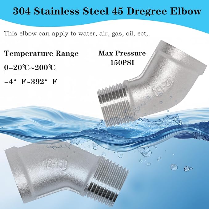 2PCS 304 Stainless Steel 45 Degree Elbow, 1/2" NPT Male Pipe to 1/2" NPT Female Coupler, Heavy Duty Forged Street Elbow Adapter Pipe Fittings, Class 150