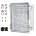 Waterproof Electrical Box with Mounting Plate, IP67 Junction Box Stainless Steel Latch Hinged Clear Cover Project Enclosure with Wall Bracket and 2 Glands 8.3" x 6.3" x 3.9"