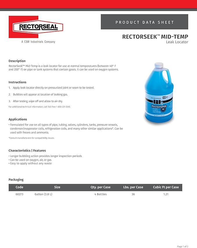 Rectorseal 60273 1-Gallon Bottle Rectorseek Mid-Temp Leak Locator