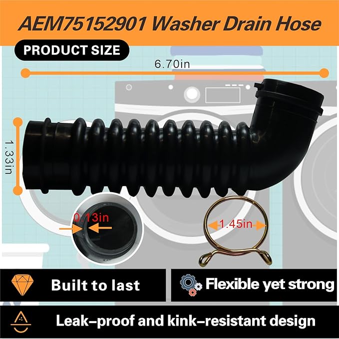 Upgraded AEM75152901 Washer Drain Hose Assembly Compatible with LG Front Loading Washers Machines: WT7800CV, WT7800CW, WT7900HBA, WT7880HWA, WT7405CW