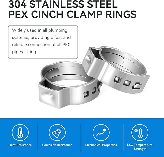 200 Pack 3/4 Inch Pex Cinch Clamp Rings,Premium 304 Stainless Steel PEX Crimp Ring,Pex Fitting Clamps Pinch Ring for PEX Tubing Pipe Fittings Connection