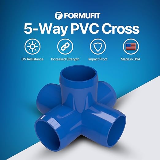 FORMUFIT 3/4" 5-Way Cross Furniture Grade PVC Fitting in Blue, Made in USA, UV-Resistant, Impact-Proof, 1.050” Actual Socket Diameter (Pack of 8) - F0345WC-BL-8