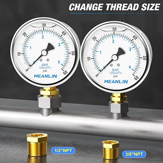 MEANLIN MEASURE 0~60Psi Stainless Steel 1/4" NPT 4" FACE DIAL Liquid Filled Pressure Gauge, Pool Sand Filter Water Pump Pressure Test Lower Mount, with 1/2" NPT and 3/8" NPT Hex Bushing