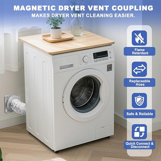 Magnetic Dryer Vent Coupler with 4 inch Hose，Magnetic Dryer Vent Coupling for Connection and Disconnection,Magnetic Dryer Vent Connector Kit Strong Magnetic Self-connection(silver）