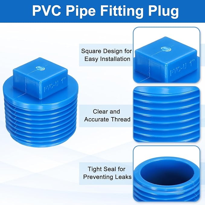 uxcell 10Pcs 1 Inch PT Male Thread PVC Pipe Fitting Plug, Cleanout Plugs, Water Drain End Caps Coupling Adapter with Tape for Water Heater Supply Lines, Plumbing, Blue