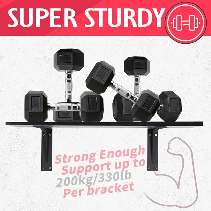 CLT Black Shelf Bracket, 16” Quarter Inch (1/5") Thick- Max Load: 440 lb Industrial Modern Farmhouse Heavy Duty Corner Brace Joint Right Angle Bracket for Table Bench, Space Saving DIY, Pack of 4