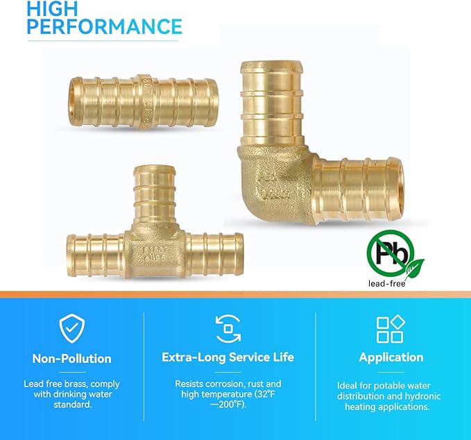(Pack of 24) 3/4" PEX Fittings,90 Degree Elbow (8 PCS) + Tee (8 PCS) + Straight Coupling (8 PCS),Pex Brass Crimp Fitting Combo for PEX Pipe Tubing Connection,ASTM F1807