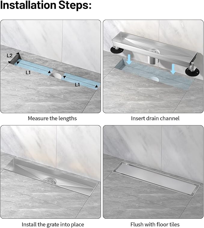 Linear Shower Drain, 304 Stainless Steel with Adjustable Leveling Feet, Hair Strainer,Reversely Install Place to Create an Invisible Floor Drain - Silver -18-Inch