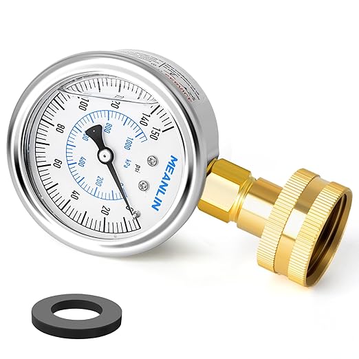 MEANLIN MEASURE 0~150Psi Stainless Steel Frame 3/4" Female 2.5" FACE DIAL Liquid Filled Pressure Gauge WOG Water Oil Air Water Pressure Test Table with Sealing Ring (with 2PCS Snaps)