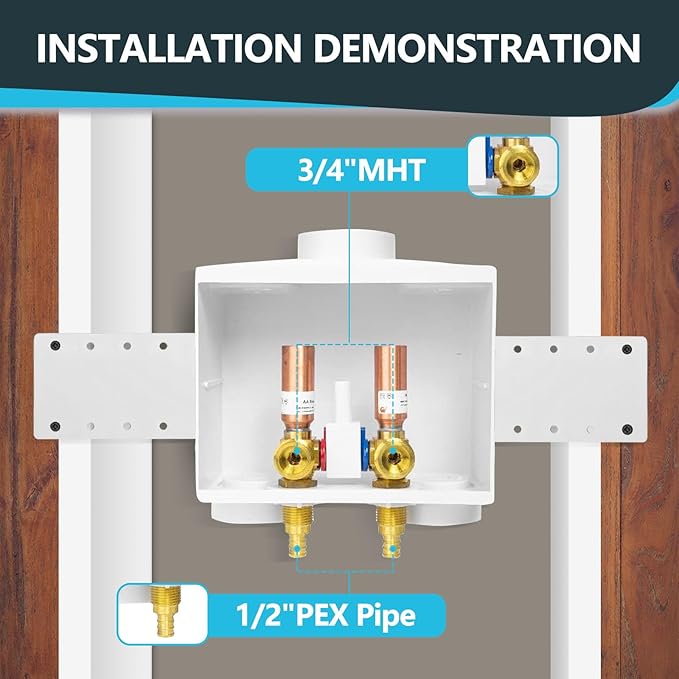 Washing Machine Outlet Box, Double Drains, Single Lever, 1/2 Inch Pex Crimp Inlet x 3/4 Inch MHT Outlet Connection, with Copper Water Hammer Arrestor(WM016)