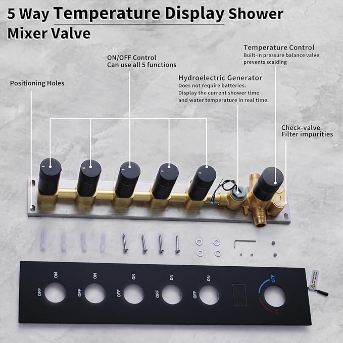 Solid Brass 5 Way Shower Diverter Valve with Temperature Display Shower Mixer Valve Bathroom Shower Diverter Replacement,Matte Black