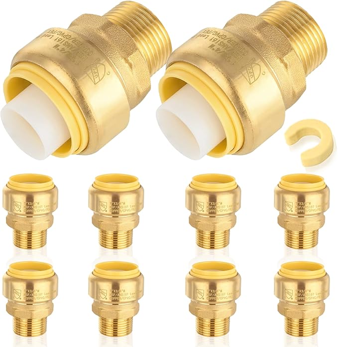 10-Pack HeSun Pushfit Male Adapter, 3/4" MNPT x 1" Push to Connect Plumbing Fittings with Disconnect Clip, Brass Push-fit Fittings for PEX, Copper, CPVC, PE-RT Pipes(PF150-10)