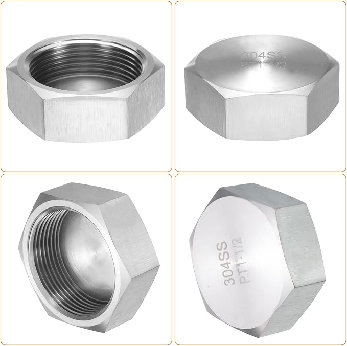 uxcell 1pcs Hex End Cap 304 Stainless Steel Nut with Washer, PT 1-1/2" Female Thread Pipe Fitting, Gas Line Water Line Stop Valve Cap Tubing Ends for Plumbing Fittings, Silver Tone