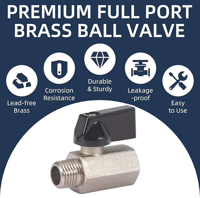 10 Pack 1/4'' Mini Brass Ball Valve 1/4 Inch Female x Male Threaded NPT Ball Valve Shut-Off Valve Plumbing Fitting for Water Oil Gas