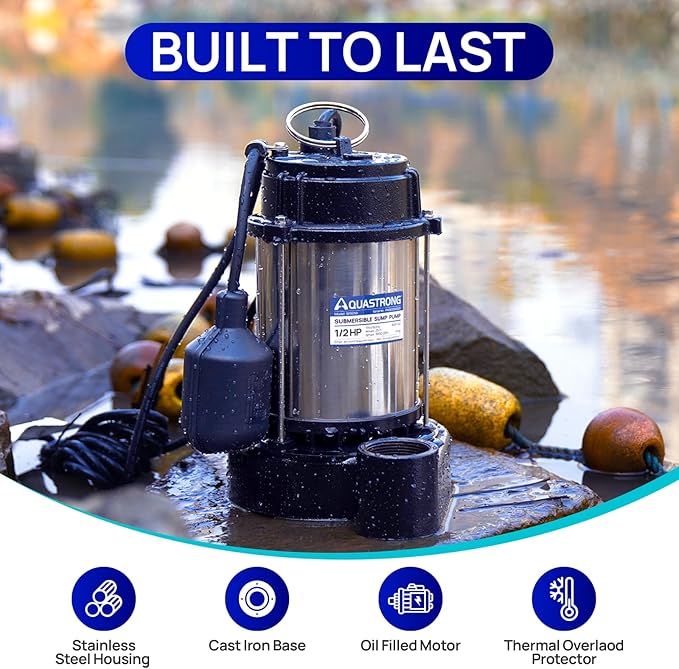 AQUASTRONG 1/2 HP Sump Pump Submersible, 3830 GPH Stainless Steel and Cast Iron Sump Pump, Automatic Float Switch with Piggy-back Plug,1-1/2" NPT Discharge Subpumps for Basement and Flooding Area