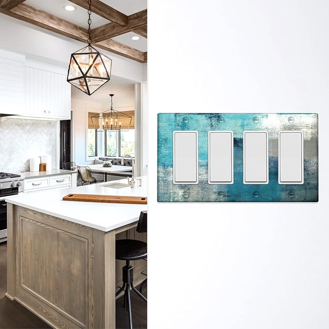 Turquoise Teal Grey 4-Gang Rocker Light Switch Cover Abstract Art Decorative Wall Plate Cover Modern Electrical Outlet Covers