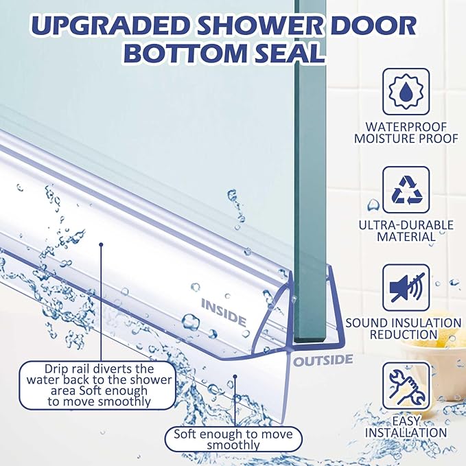 Frienda 2 Pcs Shower Door Bottom Seal 3/8" x 36'' Clear PVC Glass Door Sweep Shower Frameless Seal Strip for Replacement Stopping Leaks and Creating Water Barrier