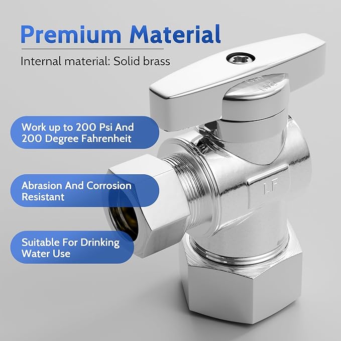 Angle Stop Valve 20 Pack,1/2" Nominal Comp (5/8"OD Comp,Fits 1/2" Copper Pipe) X 3/8'' OD Compression Quater Turn Angle Shut Off Valve,Solid Brass,Chrome,20 Pcs