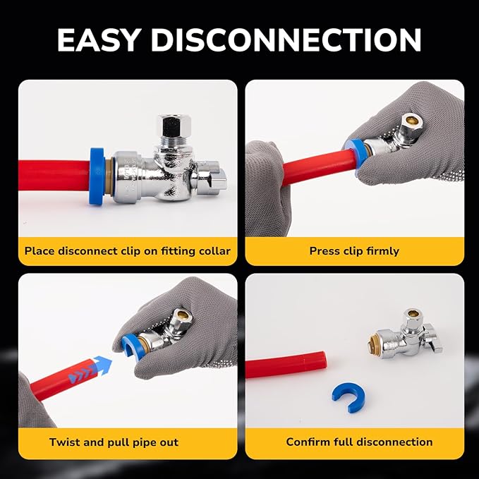 Angle Stop Valve, 1/2" PTC x 3/8" OD Compression, Toilet Water Shut Off Valve for PEX, Copper, CPVC Pipe, Quarter-Turn Push to Connect Brass Plumbing Fitting with Disconnect Clip, 2 Pack