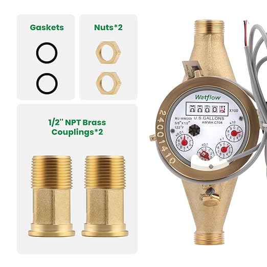 Watflow DN15 Water Meter 1/2" NPT,AWWA 708 Certification Gallon Water Flow Meter with Pulse Output, Cold Water Meter for Garden/Home/Apartment, Horizontal Install.