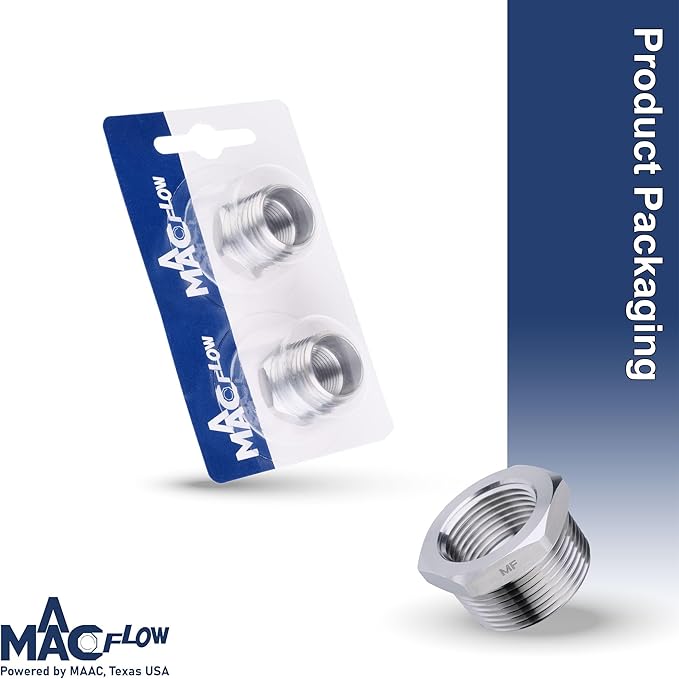 MAACFLOW Stainless Steel 1/2" Male NPT to 3/8" Female NPT Adapter Reducer Hex Bushing (Thread OD 0.81" - ID 0.58") (pack of 2)