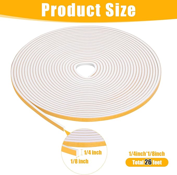 26Feet Weather Stripping Seal (1/4 Inch X 1/8 Inch) for Door Window, High Density Foam Tape, Soundproofing, Insulation Strip, Door Sealers for Door Frame- White