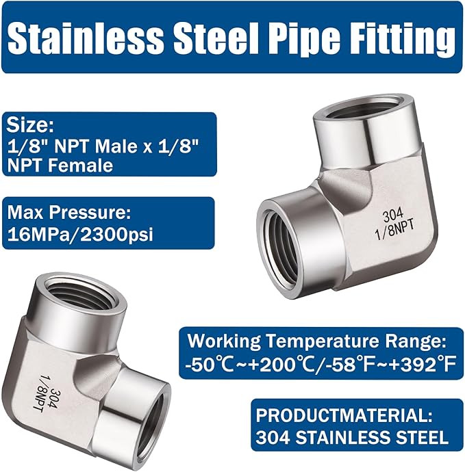 Stainless Steel Pipe Fitting,90 Degree Barstock Street Elbow, 1/8" NPT Female x 1/8" NPT Female (Pack of 2)