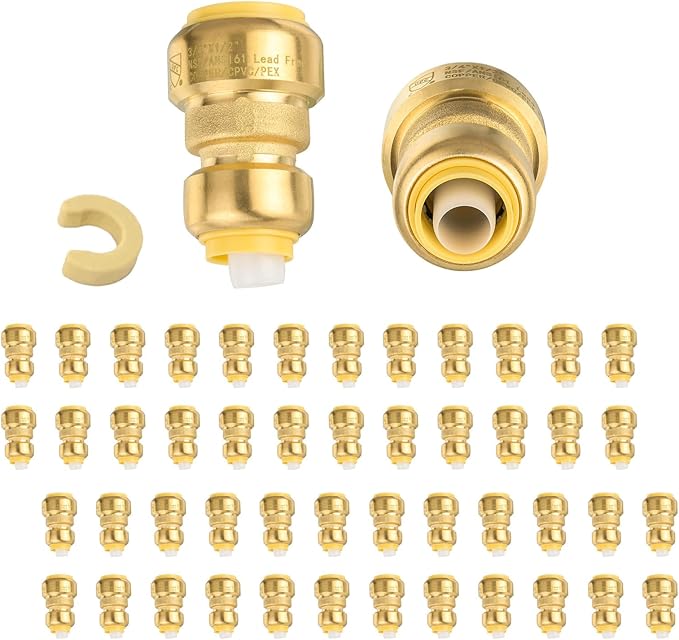 (Pack of 50) Niikappu 3/4" x 1/2" Reducing Coupling Brass Fittings, Push-to-Connect Plumbing Fitting for Pex, Copper, CPVC, Includes Removal Clip(PF017-50Pack)