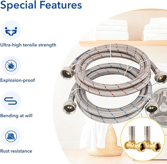 10 FT Stainless Steel Washing Machine Hoses with Water Harmmer,2 Pack Red and Blue Washer Hoses,Burst Proof Hot & Cold Water Connection Inlet Washer Supply Lines
