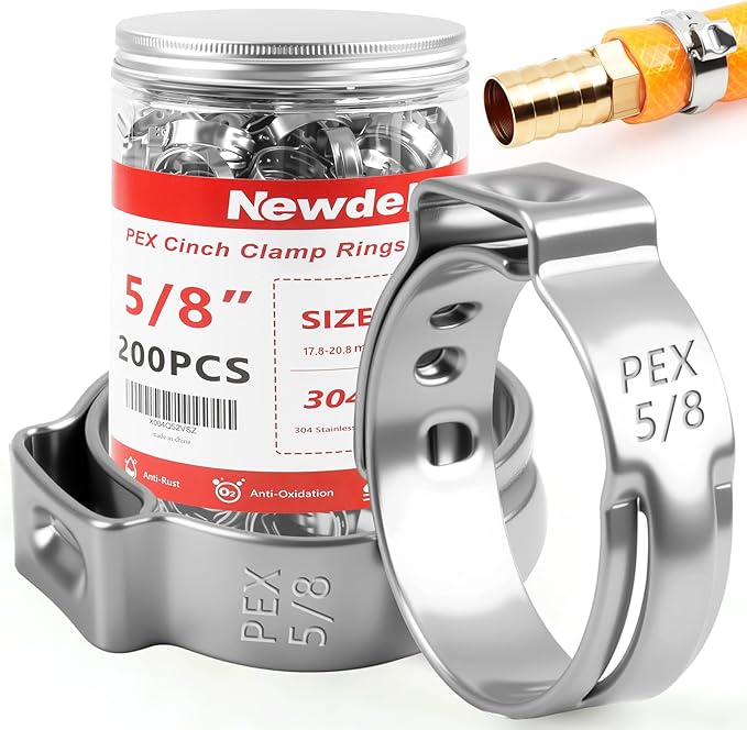 Newdeli 200pcs 5/8 inch Pex Crimp Rings Stainless Steel PEX Clamps Single Ear Hose Clamps Pex Fittings Cinch Pinch Clamp for Pipe Tubing Plumbing