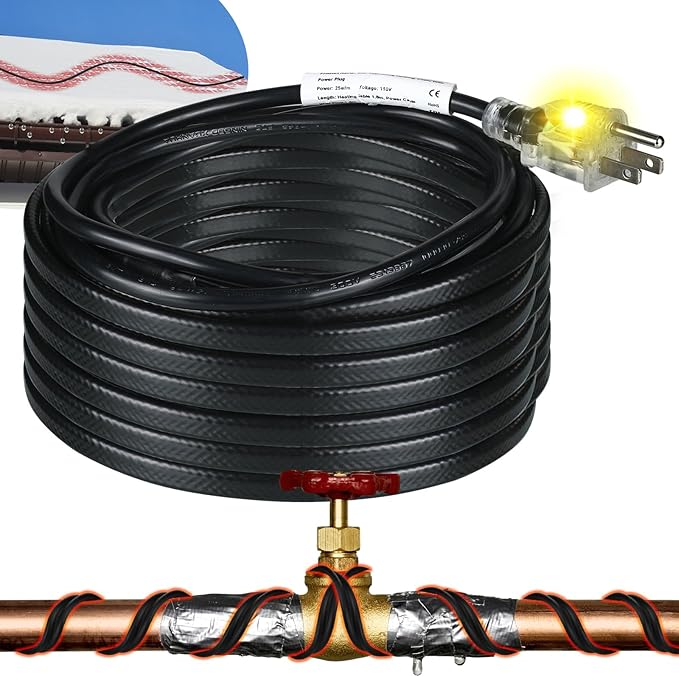 Kingdder 6FT - 48FT Heat Tape for Water Pipes Thermostat Self Regulating Heating Cable with Power Indicator Plug Built-in, Heavy Duty Heating Cable for Pipe Freeze Protection, 120V 8W/ft(1 Pcs,36 Ft)