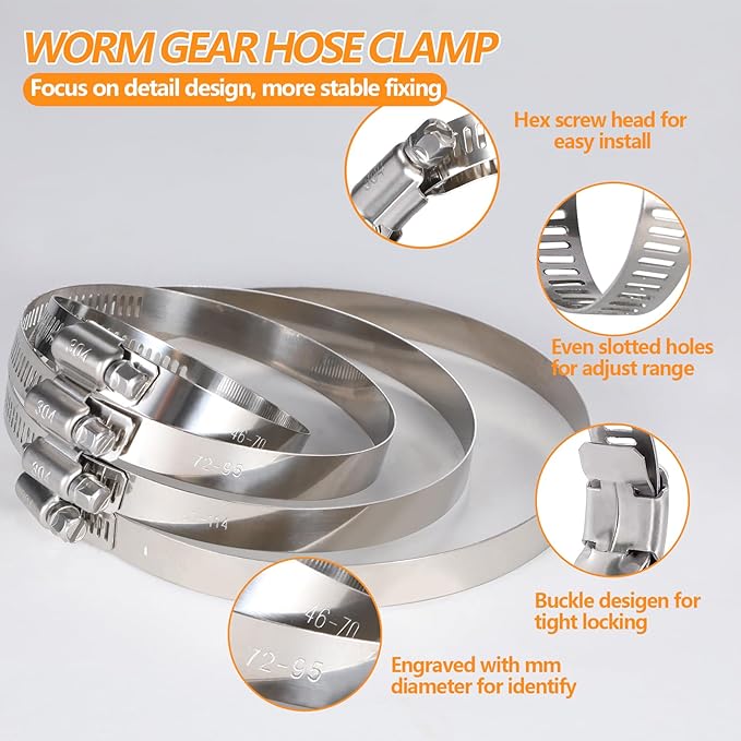 12Pack 5 inch Hose Clamp, Adjustable 304 Stainless Steel Duct Clamps Hose Clamp from 4-13/20"-5-1/2"(118-140mm), Metal Worm Drive Gear Duct Clamp for Air Ducting, Dryer Vent Hose, Fuel Line, Plumbing