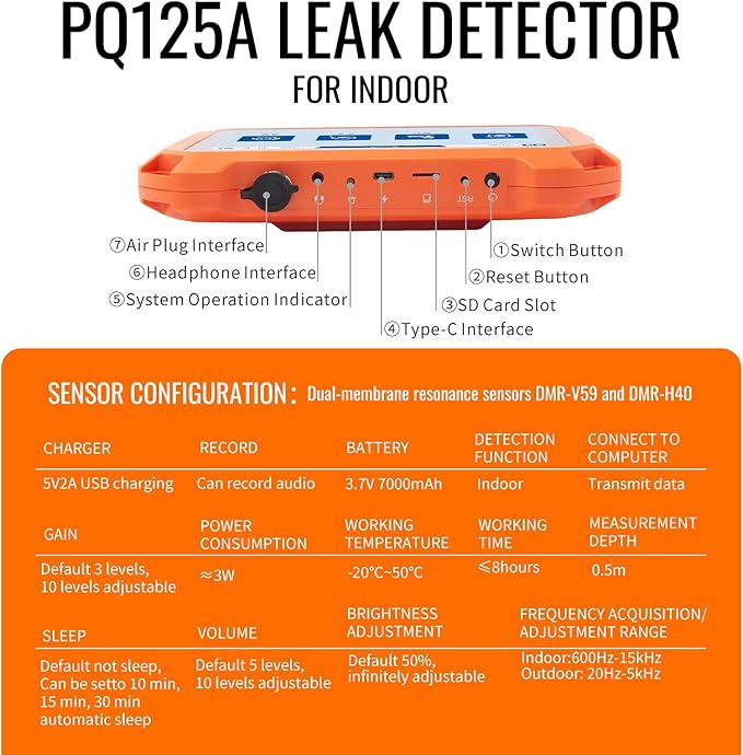 PQWT Underground Water Leak Detectors for Home PQ125A Wall Pipe Water Leakage Detection with Touchscreen Earphone and Carrying Case Multi Sensor Acoustic Pipeline Sound Intensifier