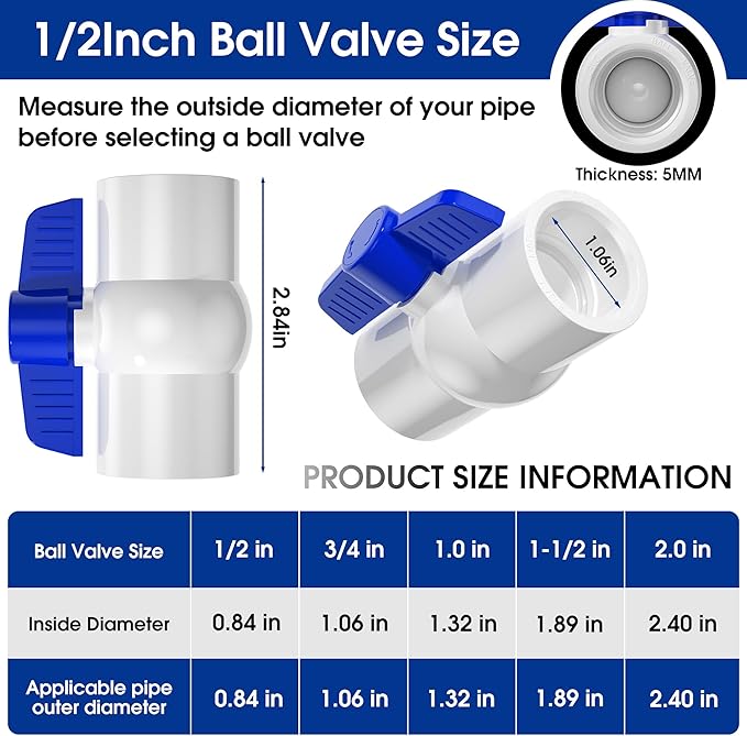 20PCS 1/2" PVC Ball Valves,Slip PVC Water Pipe Valve, Shut-Off Valve Socket with Easy Turn Blue T-Handle,Water Shut Off Valves for Swimming Pool, Sprinkler Lines, Outdoor Plumbing & Irrigation System