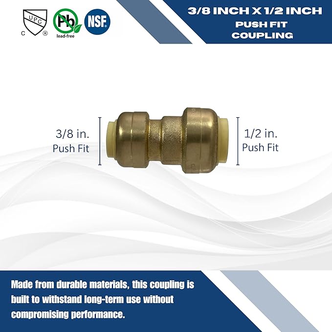 XFITTING Push Fit 1/2 Inch x 3/8 Inch Push Fit Coupling, Push Fit Reducing Coupling, 27-6-8=5XX, 5 Pieces