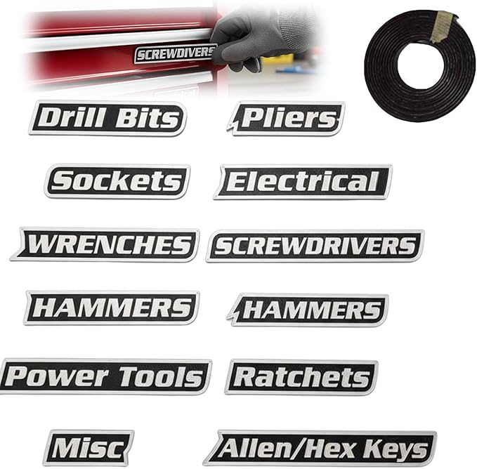 Magnetic Tool Box Labels, 12 Pack of Magnetic Toolbox Labels, Reusable Tags for Steel Toolboxes, Carts, Drawers, and Cabinets,Suitable for Mechanics (Black)