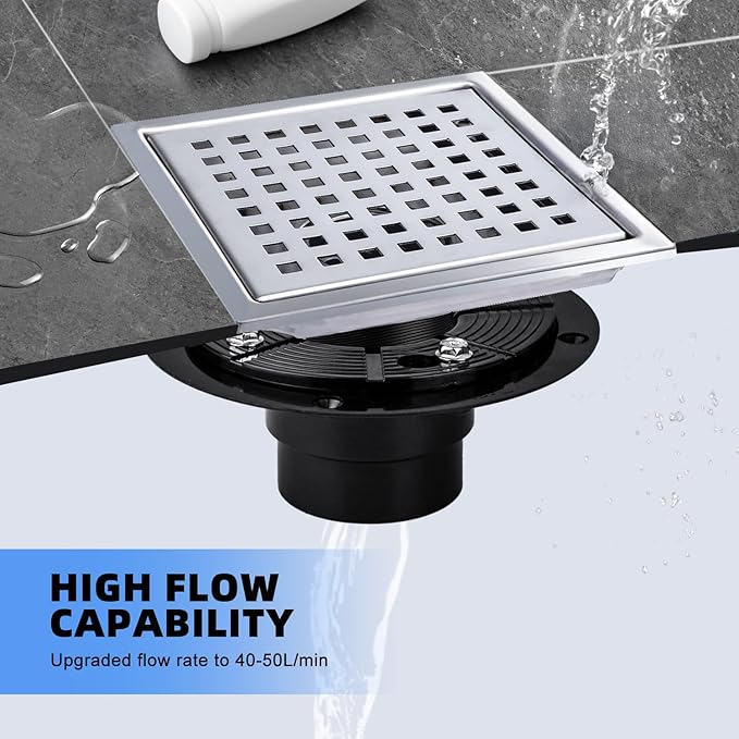 morefine Square Shower Drain with Flange, Shower Drain 6 inch with Removable Grate Cover, SUS 304 Stainless Steel, Brushed Nickel