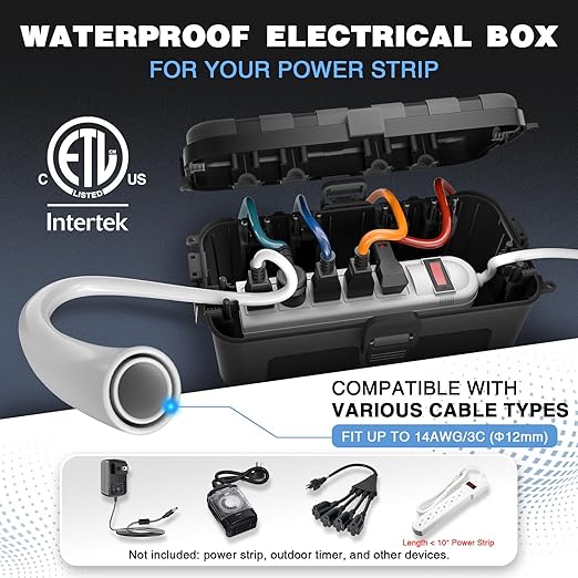 Flemoon [2 Pack] Outdoor Electrical Box Waterproof, Medium Weatherproof Electrical Box (11.5x5.2x4 inch) w/6 Cable Entry Ports, Extension Cord Cover for Power Strip, Timer, Plug, Holiday Light, Black