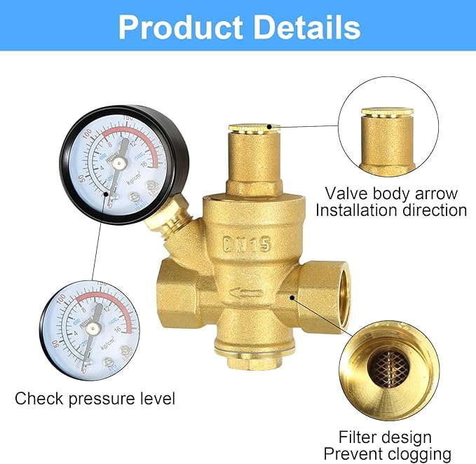Water Pressure Regulator 1/2 inch with Gauge, Made of 100% High Hardness Brass, Adjustable Water Pressure Reducing Valve Water