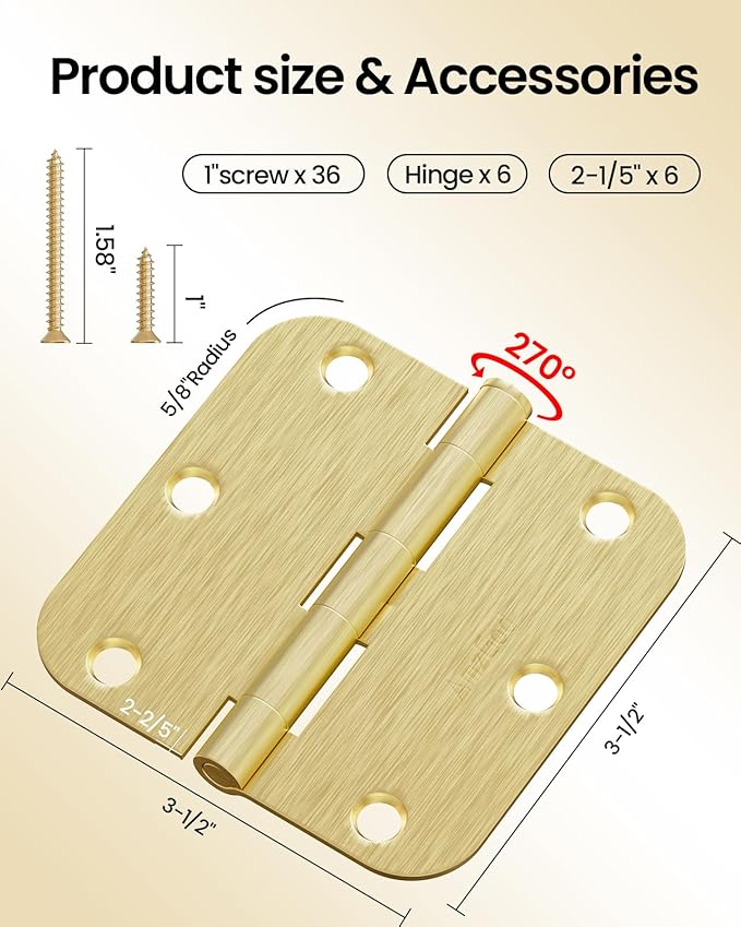 Gold Door Hinges - 24 Pack 3.5 Inch Rounded with 5/8" Radius Satin Brass Door Hinges for Interior and Exterior Doors - Heavy Duty 3 1/2" Brushed Gold Residential Door Hardware