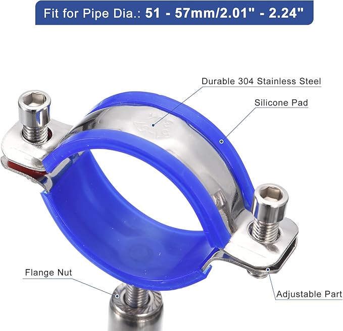 uxcell 2Pcs Stainless Steel Pipe Supports Wall Mount Ceiling Mount Pipe Bracket Adjustable Clamp Pipe Strap Fit for Dia 51-57mm Pipe Tube