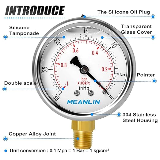 MEANLIN MEASURE -30inHG~0Psi Stainless Steel 1/4" NPT 2.5" FACE DIAL Vacuum Pressure Gauge, Lower Mount, with 1/2" NPT and 3/8" NPT Hex Bushing