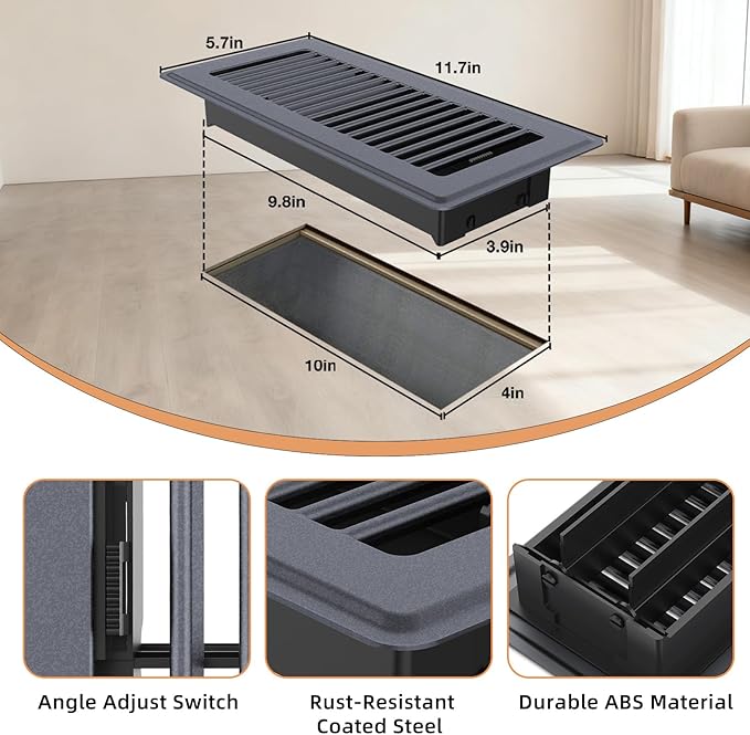 Floor Register 4 x 10-8 Pack Dark Gray Floor Vents, Heavy - Duty Steel Adjustable Airflow Floor Vent Covers, Rust - Resistant Vent Cover are Suitable for Living Room, Bedroom and Bathroom