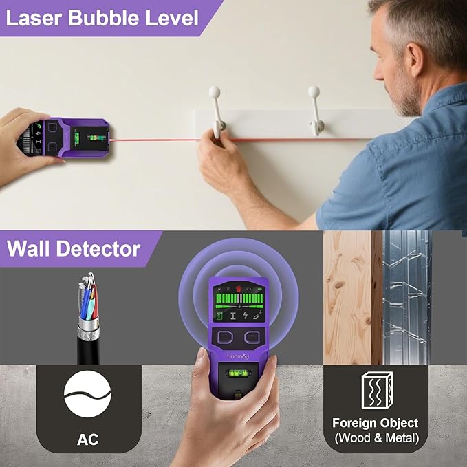 SUNMAY Stud Finder for Walls, 7-in-1 Wall Scanner with Upgraded Intelligent Chip for Wood Metal Studs, Live AC Wires, Joists and Pipes, HD LCD Display, Voice Alerts and Accurate Positioning