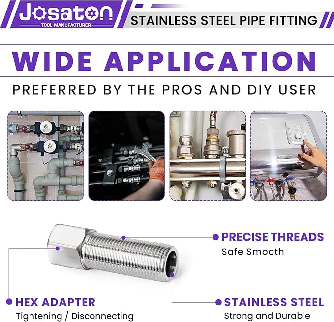 5-Pack Stainless Steel Extension Pipe Fitting, Josaton 1/2" Female to 1/2" Male Pipe Extension Fittings Connector for Tub Spout/Shower, Hex Bushing Converter Adapter, 30MM/40MM/50MM/70MM/100MM Length