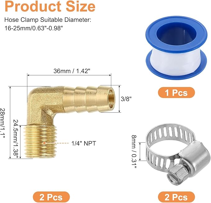 uxcell 2Pcs Brass Hose Barb Fittings, 3/8" x 1/4" NPT 90 Degree Elbow Hose Connector with Hose Clamps for Water Fuel Gas Oil Transportation