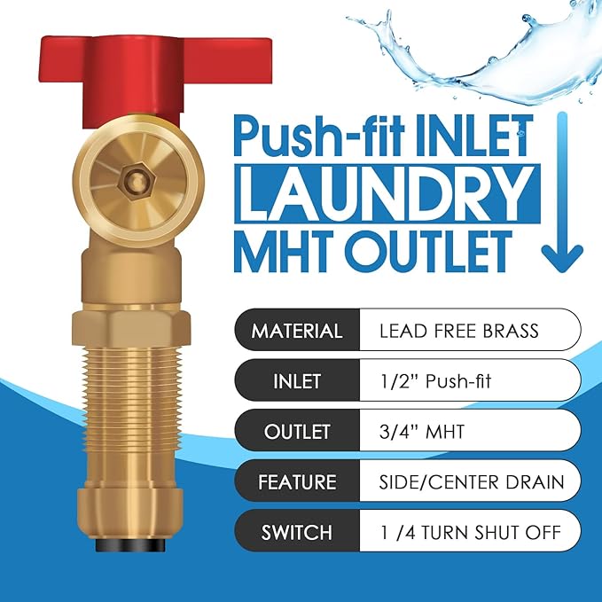Washing Machine Outlet Box, with Stainless Steel Water Hammer Arrestor, 1/2-Inch Push Fit x3/4-Inch MHT with Center Drain, Washer Faucet Recessed Box, Laundry Washer Valve Outlet Box